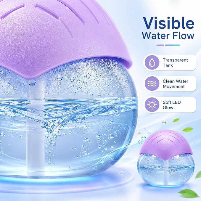 Air freshener (Purple) - for Home, Bedroom and Office - Essential Oil Aroma Diffuser with LED Coloured Night Light with Soothing Water Flow Sound - Water Filtered air Purifier for Pets and Smokers.