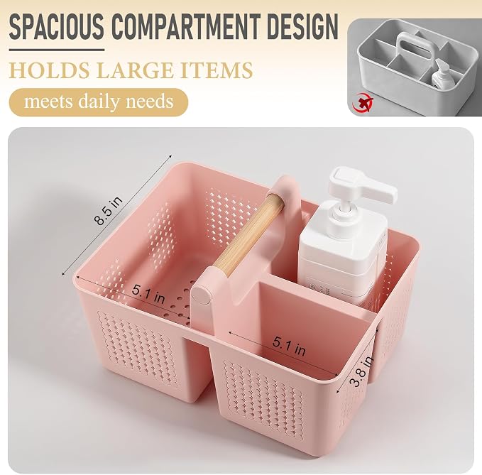 Portable Shower Caddy Basket Plastic Caddy Organizer with Handle Pink | Sturdy Drainage Large Capacity Cleaning Supplies Caddy Tool Storage for Bathroom Kitchen Bedroom College Dorm Essentials