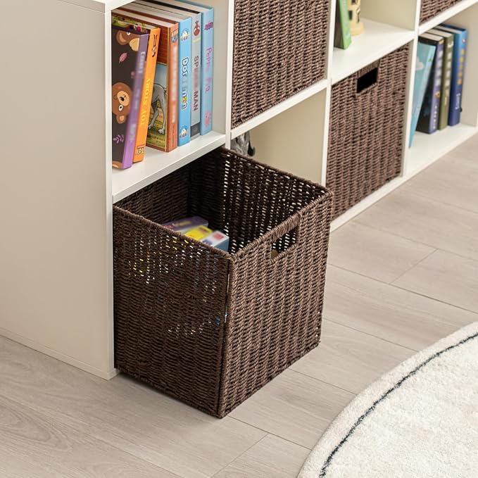 Handwoven Paper Woven Cube Basket Organizer with Handles set of 4 Foldable Storage baskets for Bedroom Living Room Cubby Storage Units for Clothes Books Toys (Brown, 13" L x 13" W x 13" H)