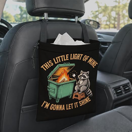 Funny Raccoon Dumpster Fire Car Garbage Bag Canvas Trash Can | Sarcastic Animal Drawstring Car Trash Bag Hanging for Back Seat with Adjustable Buckle