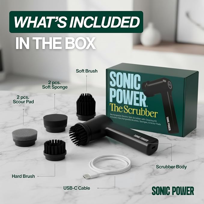 SonicPower Electric Spin Scrubber – Handheld & Ergonomic, IPX7 Waterproof, 4 Multi-Purpose Brush Heads, Long-Lasting Rechargeable Battery – Cleans Dishes, Bathroom, Tile, Grout & Kitchen (Black) | Handheld & Ergonomic, IPX7 Waterproof, 4 Multi-Purpose ...