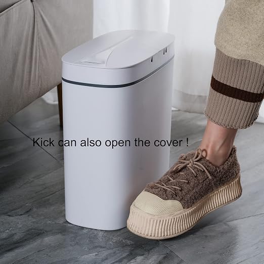 Sooyee 14 Liter Automatic Trash Can with Lid, White | 3.6 Gallon Narrow Garbage Can Touchless or Kick, For Kitchen, Bathroom, Office, Bedroom, Living Room