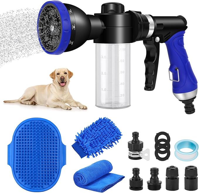 Pet Bathing Sprayer Kit,10 Spray Patterns, Adjustable Hose Wash Sprayer | with 4 to 8 Bars Foam Blaster,Suitable for Pet Washing, Car Cleaning and Garden Use with 1/2” Quick Connector