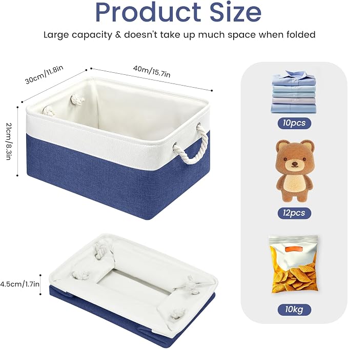 15.7x11.8x8.26 Inch Fabric Large Storage Bins with Handles 6 Pack | Foldable, Sturdy Metal Strand, Cardboard Support Molding, Fabric Storage Baskets for Shelves, Closet, Bedroom, White/Blue