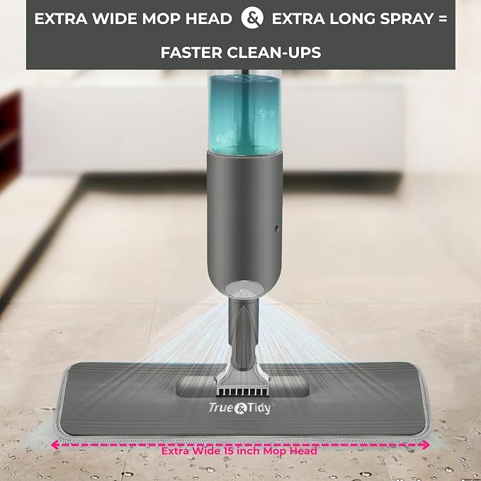 True & Tidy Spray Mop for Floors -Refillable Bottle, Machine Washable Pads