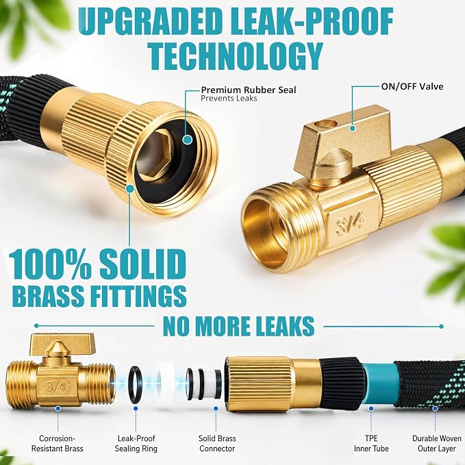 100ft Heavy Duty Garden Hose with Alloy Nozzle & Solid Brass Connectors – Lightweight, No-Kink Flexible Water Hose, 96-Spindle High-Density Weave, 12 Bar Non-Expandable TPE Core for Outdoor Yard
