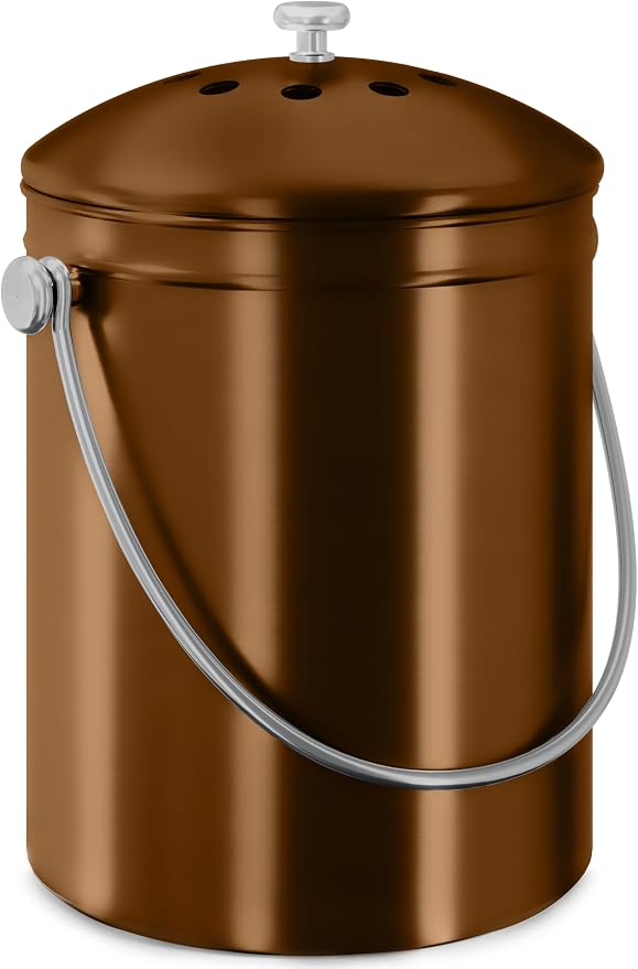 Utopia Kitchen Countertop Compost Bin 1.3 Gallon, Stainless Steel, Copper | Odorless countertop compost bin with charcoal filter, ideal for food scraps and waste