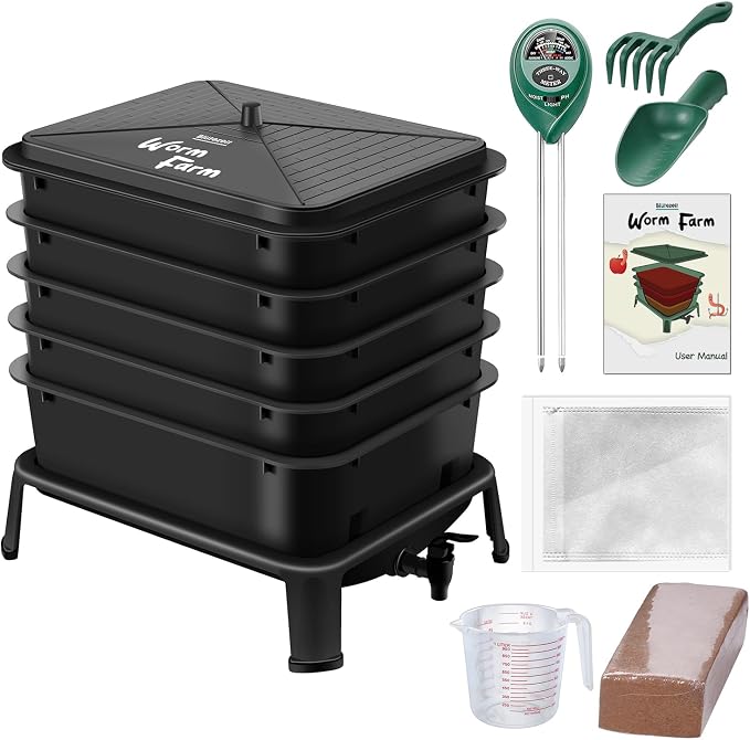 Blütezeit 5-Tray Worm Composter, 53QT Worm Compost Bin Indoor & Outdoor, Worm Farm Kit for Vermicomposting Starter, Recycling Food Waste (Black)