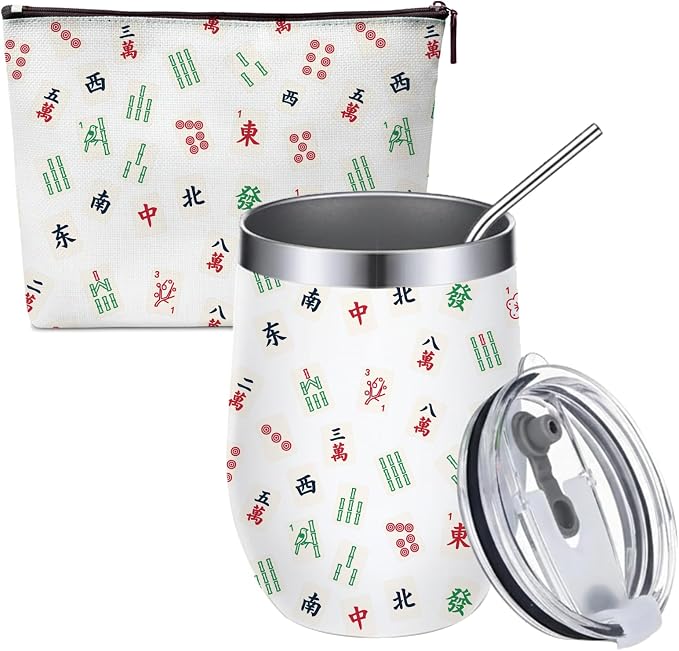 Mahjong Gifts for Women - Stainless Steel Insulated Tumbler with Lid and Straw & Canvas Makeup Bag, Mahjong Accessories and Supplies, Portable Mah Jongg Accessories