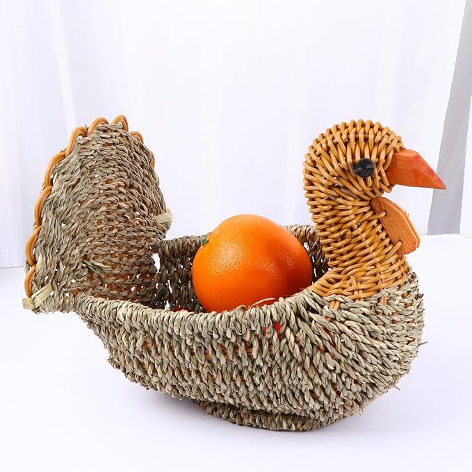 BESPORTBLE Woven Turkey Pattern Storage Basket Portable Multifunctional Organizer for Home Sundries Decorative Light Grey Straw Container for Neat and Rustic Housekeeping