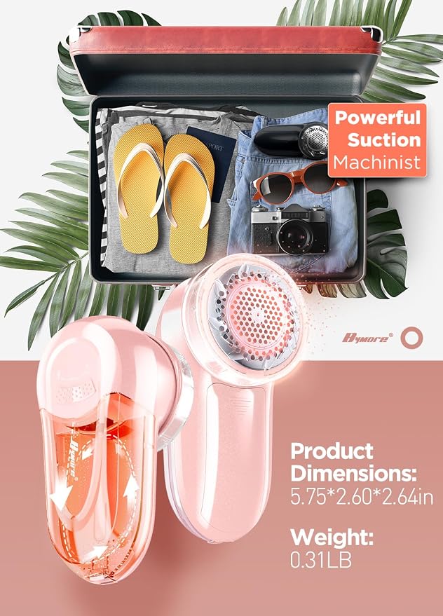 Bymore Fabric Shaver, Lint Shaver, Sweater Shaver for Clothes, Pink | Compact one-button design refreshes clothes quickly and fits easily in a bag for home, office or travel