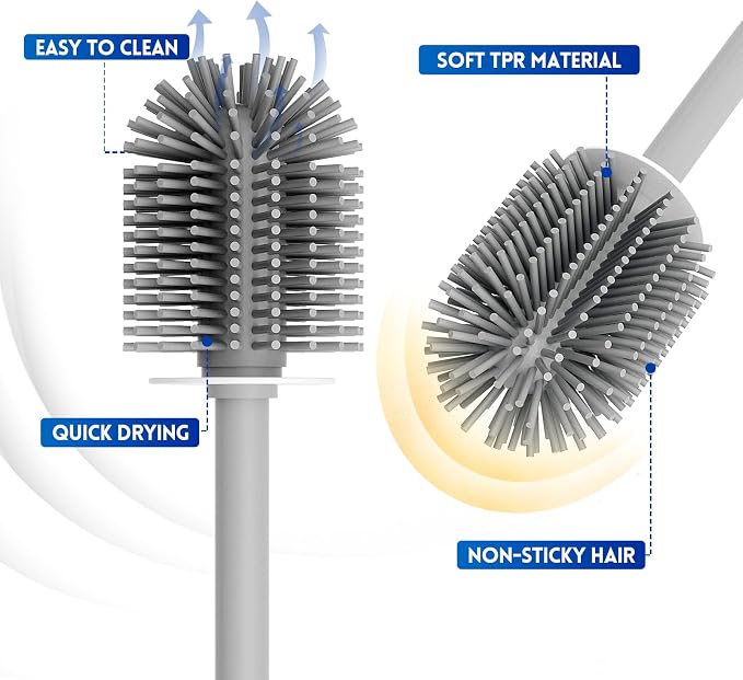 Y-in Hand Toilet Brush and Holder Set, Silicone Toilet Bowl Cleaner Brush Bristles, Bathroom and RV Cleaning Tools, Space Saving Toilet Scrubber, Wall Mountable. (Grey)