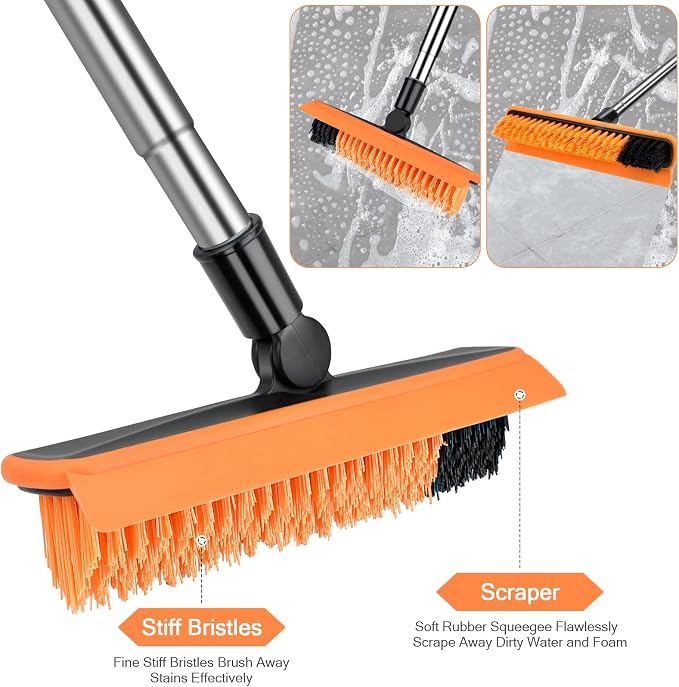 2 in 1 Floor Brush Scrubber with Long Handle Telescopic 3 Poles 61.8'' Grout Brush Scrape Stiff Bristle Cleaning Scrub Brush with Squeegee 180°Rotating Tile Brush for Cleaning Bathroom Glass Patio