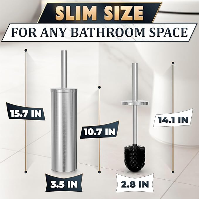 2Pcs Stainless Steel Toilet Brush and Holder Set, Hand Guard (Silver) | Toilet Bowl Brush and Holder, Removable Inner Bowl, Dense Bristles, Long Handle, Scratch Resistant, for Modern Bathrooms