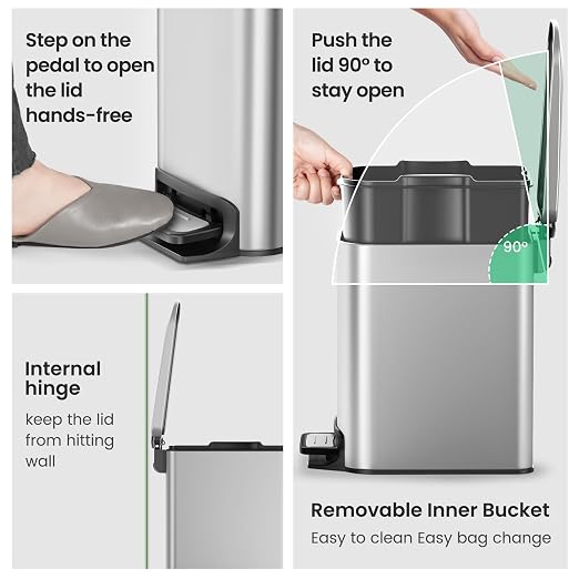 Cesun Small Bathroom Trash Can with Lid, 1.6 Gal, Soft Close, Sliver | Step pedal soft close, Slim 5.9in fits narrow spaces, Stainless steel, Anti-fingerprint, Removable inner bucket, Odor seal