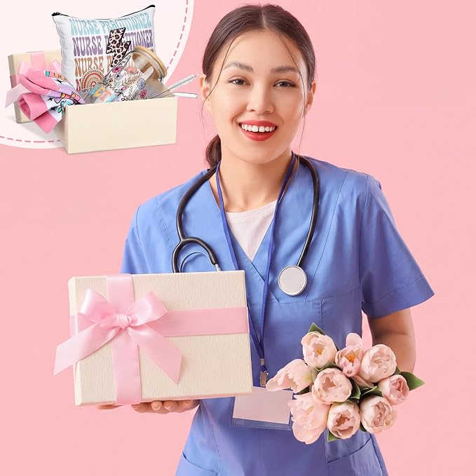 Skylety 5 Pcs Nurse Practitioner Week Gifts for Women Nurse Practitioner Appreciation Gift Glass Cup Sock Cosmetic Bag Badge Holder Thank You NP Gift Box for Nursing Students Graduation Birthday Gifts