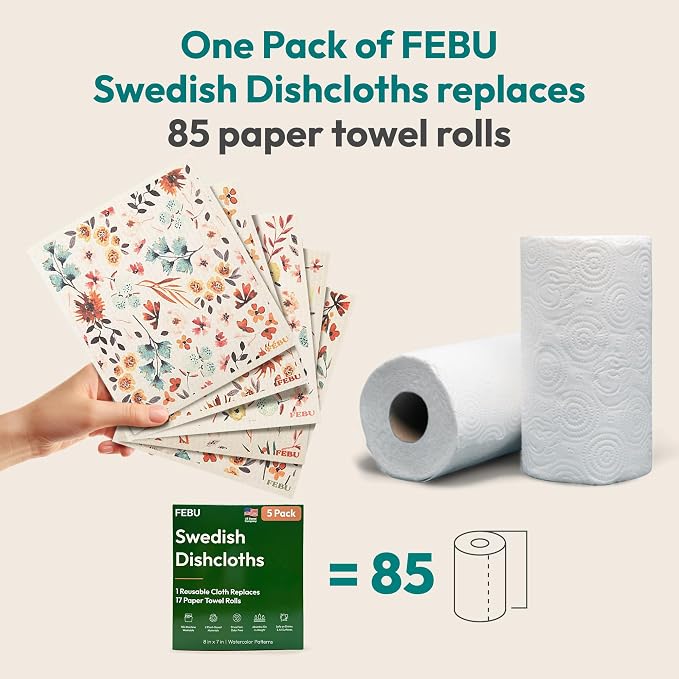 FEBU Swedish Dishcloths for Kitchen, 5 Pack, Stamps | Reusable Paper Towels Washable, Non-Scratch Cellulose Sponge Cloths, No Odor, Biodegradable