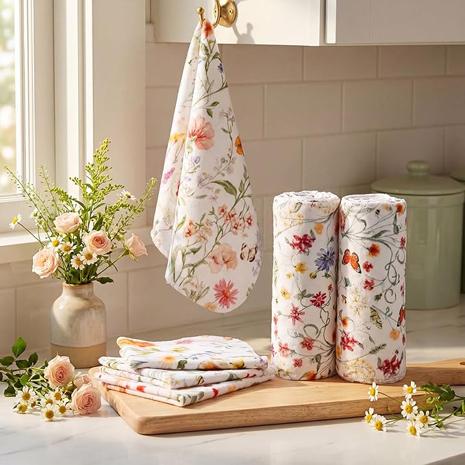 Reusable Kitchen Cloths Cotton Towel, 36 Pack, Vintage Wildflower | Washable 9.84x11.81in, Paperless Towel Rolls Bulk, Cleaning Cloth Napkins for Dishes