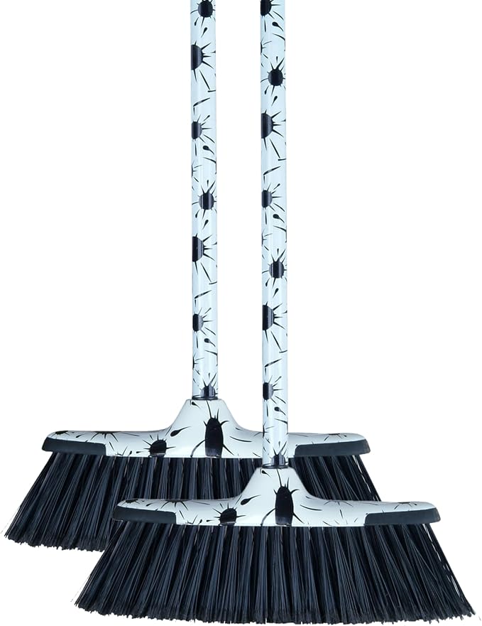 Superio Design Broom, Fancy Black and White Angle Broom, Cute Splash Design Kitchen Broom with Safety Bumper, 48" Indoor and Outdoor Sweeping Tool 2-Pack