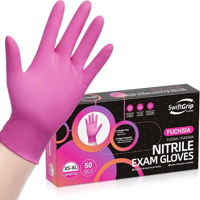 SwiftGrip Powder-Free Nitrile Gloves, 3-mil, Disposable Nitrile Gloves, Latex-Free, Powder-Free - Pink/Fuchsia