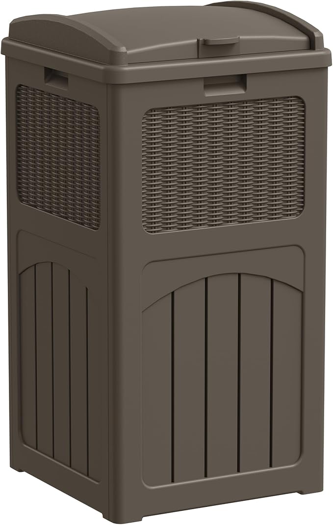 Greesum 33 Gallon Outdoor Trash Can with Lid, Waterproof, Dark Brown | Resin Garbage Bin,UV-resistant for Hideaway, Patio, Deck, Light