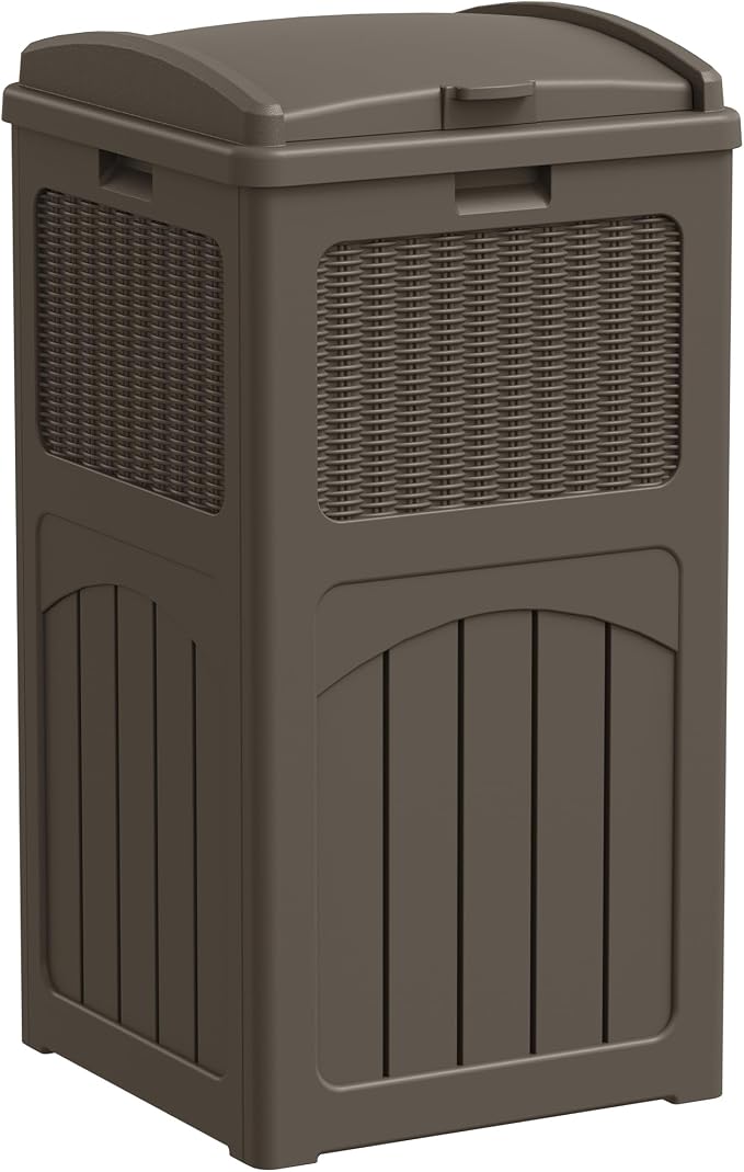 Greesum 33 Gallon Outdoor Trash Can with Lid, Waterproof Garbage Bin, Brown | Resin Materials, for Hideaway, Deck, Patio