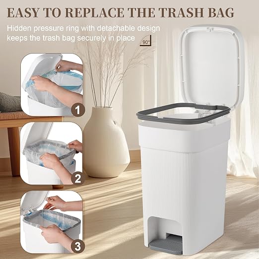 Small Bathroom Trash Can with Lid Slim Step Garbage Can 4 Gallon White | Stylish Decor Soft Close Trash Bin Plastic Wastebasket with Trash Bags for Kitchen Bedroom Office Living Room Toilet College
