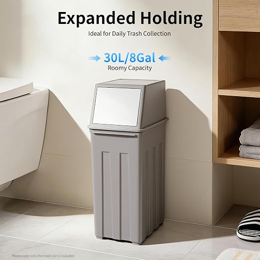 8-Gallon/30L Slim Trash Can with Lid, Modern Kitchen & Office Tall & Narrow Garbage Bin, Odor-Proof Large Capacity, Flap Cover for Home, Bathroom, Outdoor (Grey)
