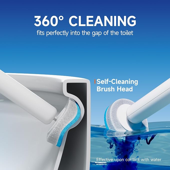 Ctime Disposable Toilet Brush Set with 60 Refills, Wall Mounted Wand Kit | Waterproof with Lid，Hands-Free Lid,New Wand Refills,One-Click Disposal,Pre-Loaded Cleaner,360° Rotating Head