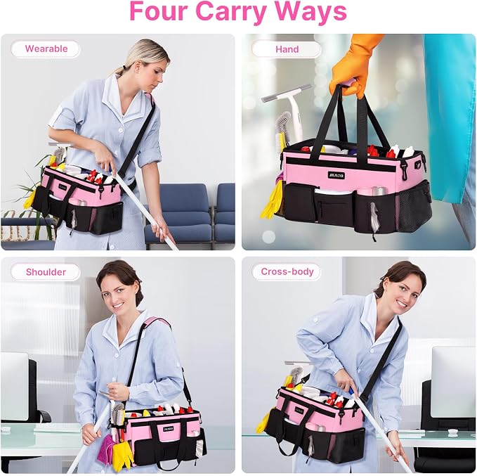 JKAOO Large Wearable Cleaning Caddy Bag with Handles, Pink | Adjustable Shoulder & Waist Straps, Removable, Waterproof Tote for Cleaning Supplies, Home, Car, Office