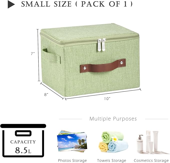 Storage Bins with Zipper Lids Decorative Lidded Baskets Boxes | Clothes Container, Closet Shelf Organizer, Foldable Washable, Cotton Linen Fabric, w/ PU Leather Handles, Green, Small
