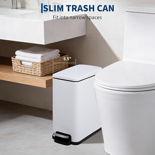 Slim Narrow Kitchen Trash Can with Lid, 10L Stainless Steel Step Pedal Garbage Can, Soft Close & Stay Open Lid Design, Space Saving Trash Bin with Removable Inner Bucket for Kitchen, Bathroom,White