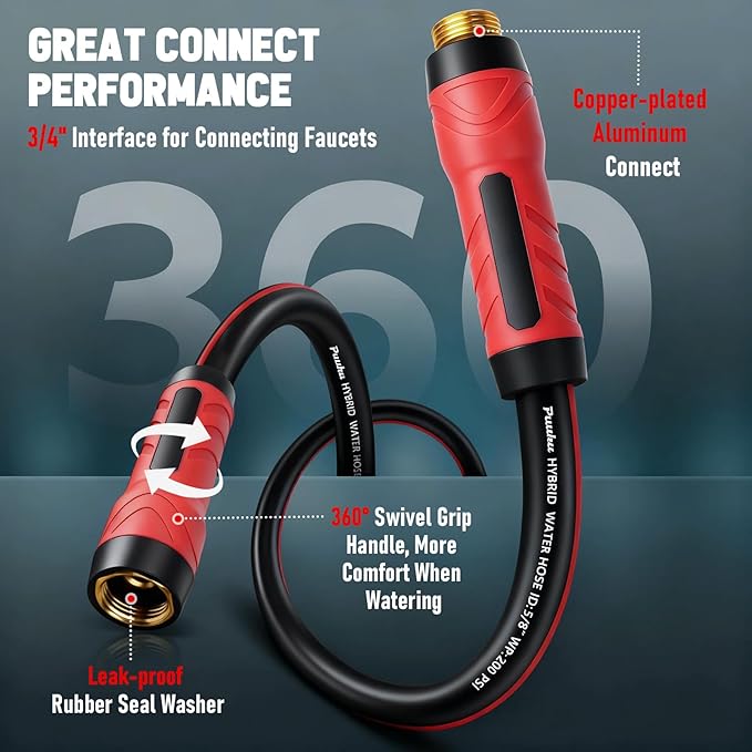 Garden Hose 100ft x 5/8", NON-EXPANDABLE Heavy Duty Hose with Nozzle | 10 Function Spray Nozzle, No Kink, Leakproof, Lightweight Hybrid Hose with Swivel Handle, Male to Female Fittings