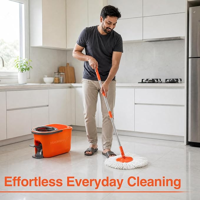 Macromax Force Spin Mop and Bucket Set – Pedal-Activated Wringer System – 360° Microfiber Mop for Floor Cleaning – Ergonomic Handle – Wet or Dry Use – Hardwood, Tile & Laminate
