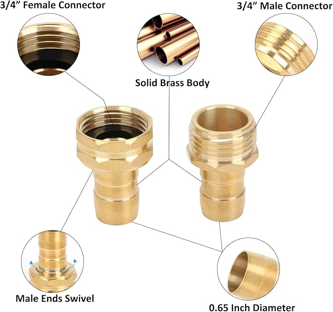 STYDDI Garden Hose Repair Kit, Solid Brass Water Hose Mender Female and Male Hose Connector with Clamps, Fit All 5/8" and 3/4" Rubber Garden Hose, 4 Set