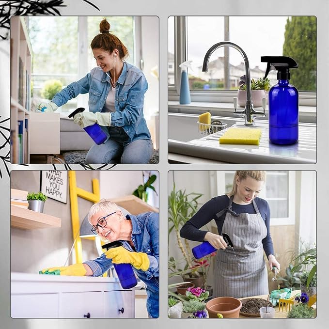 Glass Spray Bottles for Cleaning - 16 oz Refillable Spray Bottles for Hair | Blue Glass, Adjustable Nozzle, Refillable Container, Leak-proof, Spray Bottles for Hair, Cleaning Solutions, Plants, 1 Pack