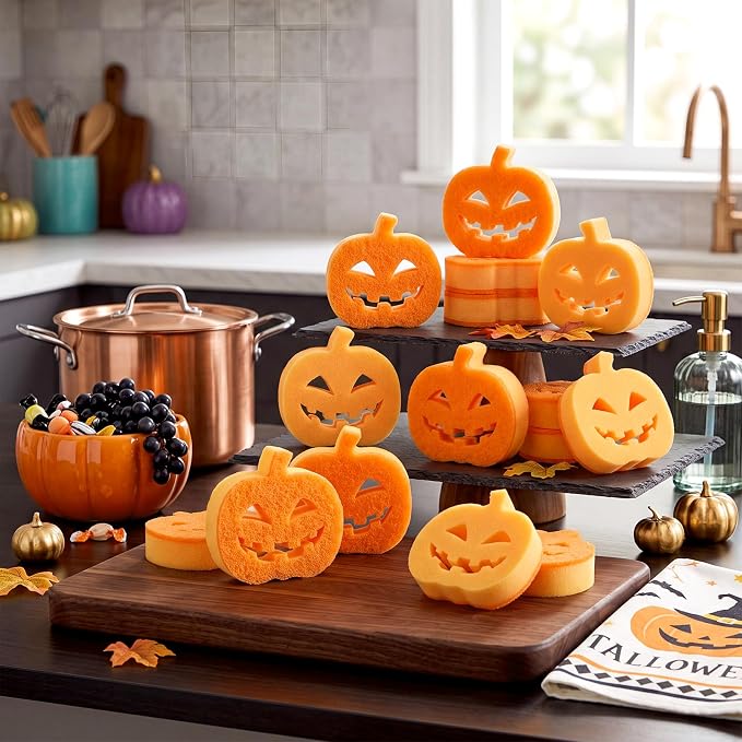 Tioncy 12 Pack Halloween Pumpkin Kitchen Sponges, Orange | Dual Sided Scrubber, Gothic Halloween Decor, Reusable Non Scratch Dishwashing, for Cookware Pot Boiler Pan Household