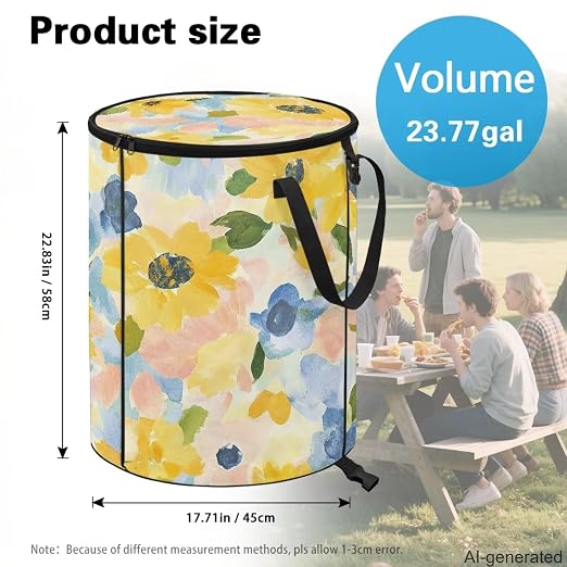 Yellow Floral Collapsible Trash Can 24 Gallon Pop-Up Outdoor Garbage Can with Handles Waterproof Lightweight Storage Bag with Lids for Laundry Toy Room Garden Patio Camping
