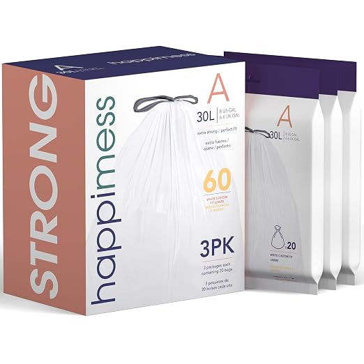 happimess HPM3000A-WHITE 7.9 Gallon Kitchen Drawstring Trash Bags, Trash Can Liner, White, 60-Count, 3-Packs of 20 Liners | 30 Liters, Heavy Duty LDPE Plastic, Tear And Puncture Resistant, Tailored Custom Fit, Recyclable