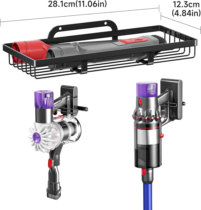 Vacuum Holder Wall Mount, Cordless Vacuum Wall Mount Holder for Handheld & Stick Vacuums Accessories, Heavy Duty Metal Vacuum Stand with Storage (Black)