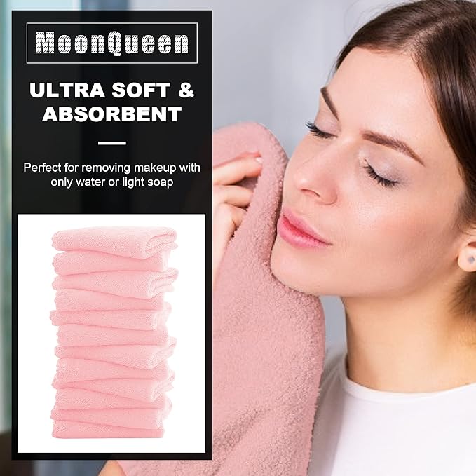 MOONQUEEN Microfiber Facial Cloths Fast Drying Washcloth 12 Pack - Premium Soft Makeup Remover Cloths - Pink