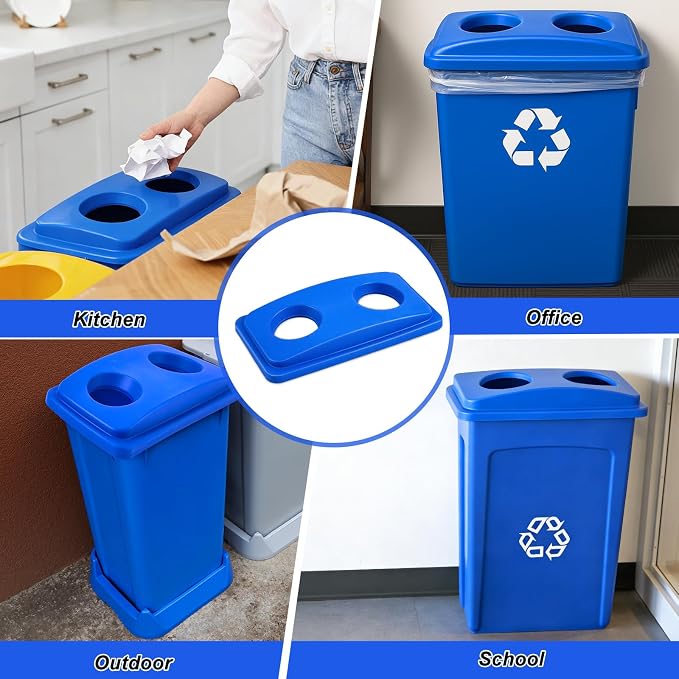 Maxdot 1 Pack Recycle Bin Lids Each with Two Bottles & Cans Openings, Blue | Plastic Fit 23 Gallon Slim Trash Can, for Waste Recycling Sorting, Kitchen Classrooms Offices Outdoor