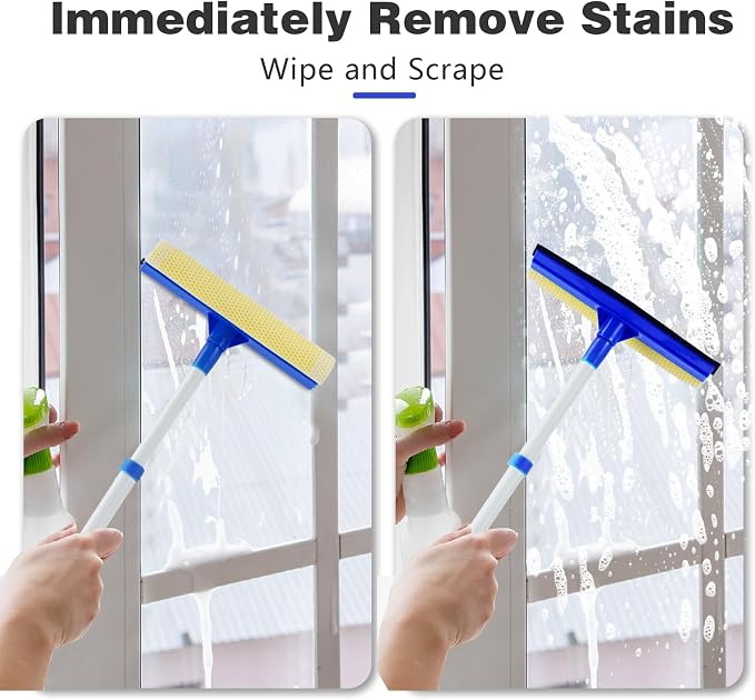 Bryquelin Window Squeegee for Home,2 in 1 Squeegee Window Cleaner with 18"" Long Handle,Sponge Car Window Squeegee for Gas Station, Glass,Shower,Outdoor High Window Cleaning
