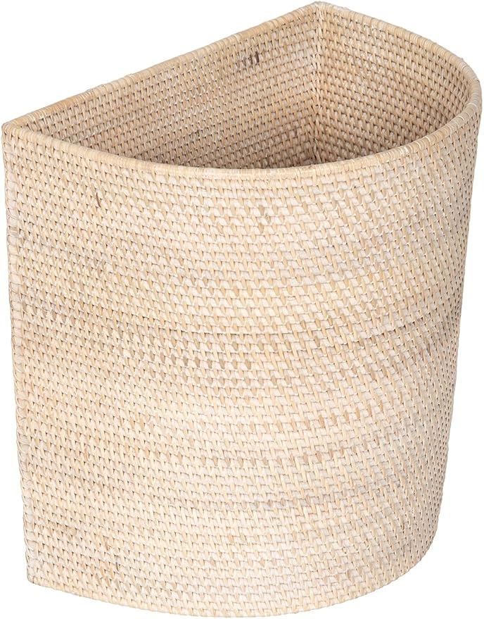 KOUBOO Half-Moon Rattan Waste Basket, Wicker Trash Can, Off White/Latte Bin | Handwoven natural texture, space-saving shape, lightweight construction, ideal for paper and dry household waste