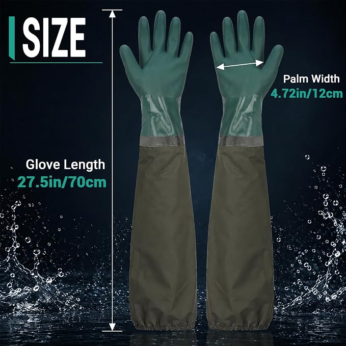 2 Pairs Aquarium Gloves Heavy Duty - 27.5 inch Waterproof Oil Resistant Anti-Slip Moisture-Wicking Elbow Length Gloves for Cleaning Pond Pet Fishing Garden Machinery Industry, Dark Green