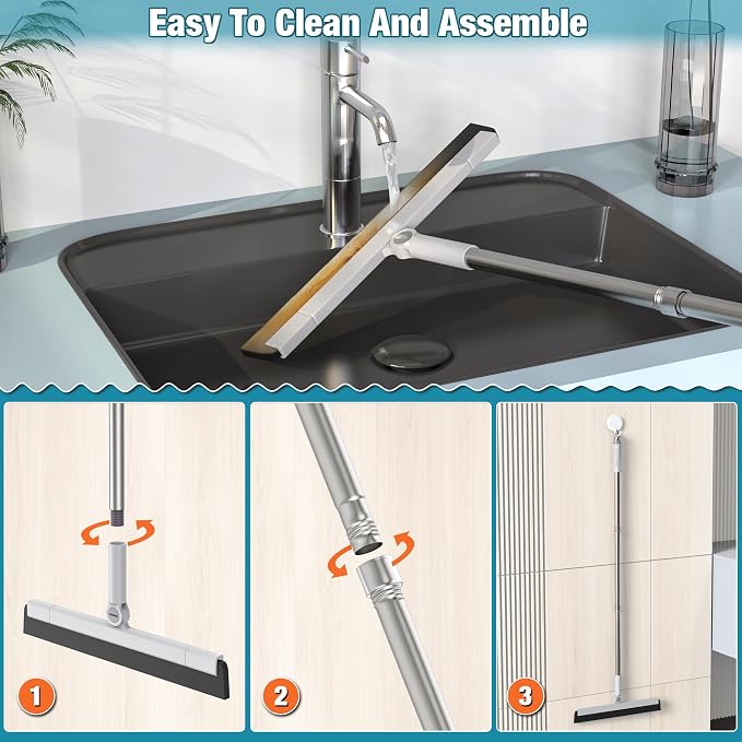 KOLLIEE Floor Squeegee 59" Adjustable Long Handle Professional with Hook Water Squeegee Foam Blade for Concrete Floor Tile Pet Hair Floor Wiper Grey
