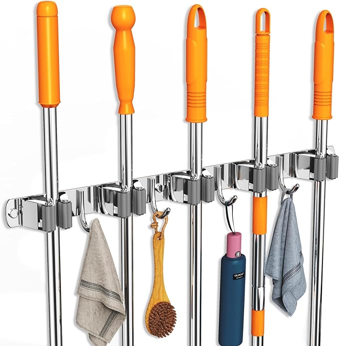 CUXIXA Broom and Mop Organizer Wall Hanging, Upgraded Mop and Broom Holder Wall Mount, Stainless Steel Broom Hanger Wall Mount for Laundry Room Organization and Storage（5 Racks with 4 Hooks）
