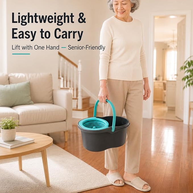 Lambert Home Spin Mop and Bucket Set with Wringer, Hands-Free Self-Wringing Floor Mop, 2 Washable Microfiber Mop Heads, 42.1-50 in Adjustable Stainless Steel Handle, Gray Blue