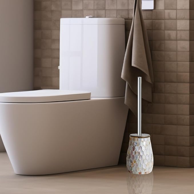 Escenzy Natural Shell Toilet Brush and Holder Set – Handcrafted Mother of Pearl Mosaic Glass Holder, 304 Rust-Resistant Stainless Steel Toilet Bowl Brush – Decorative Luxury Coastal Bathroom Accessory