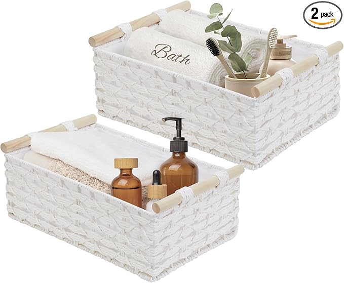 DECOMOMO White Wicker Baskets, Back of Toilet Basket | Bathroom Basket Organizer, Countertop, Home Decor (Set of 2, White)